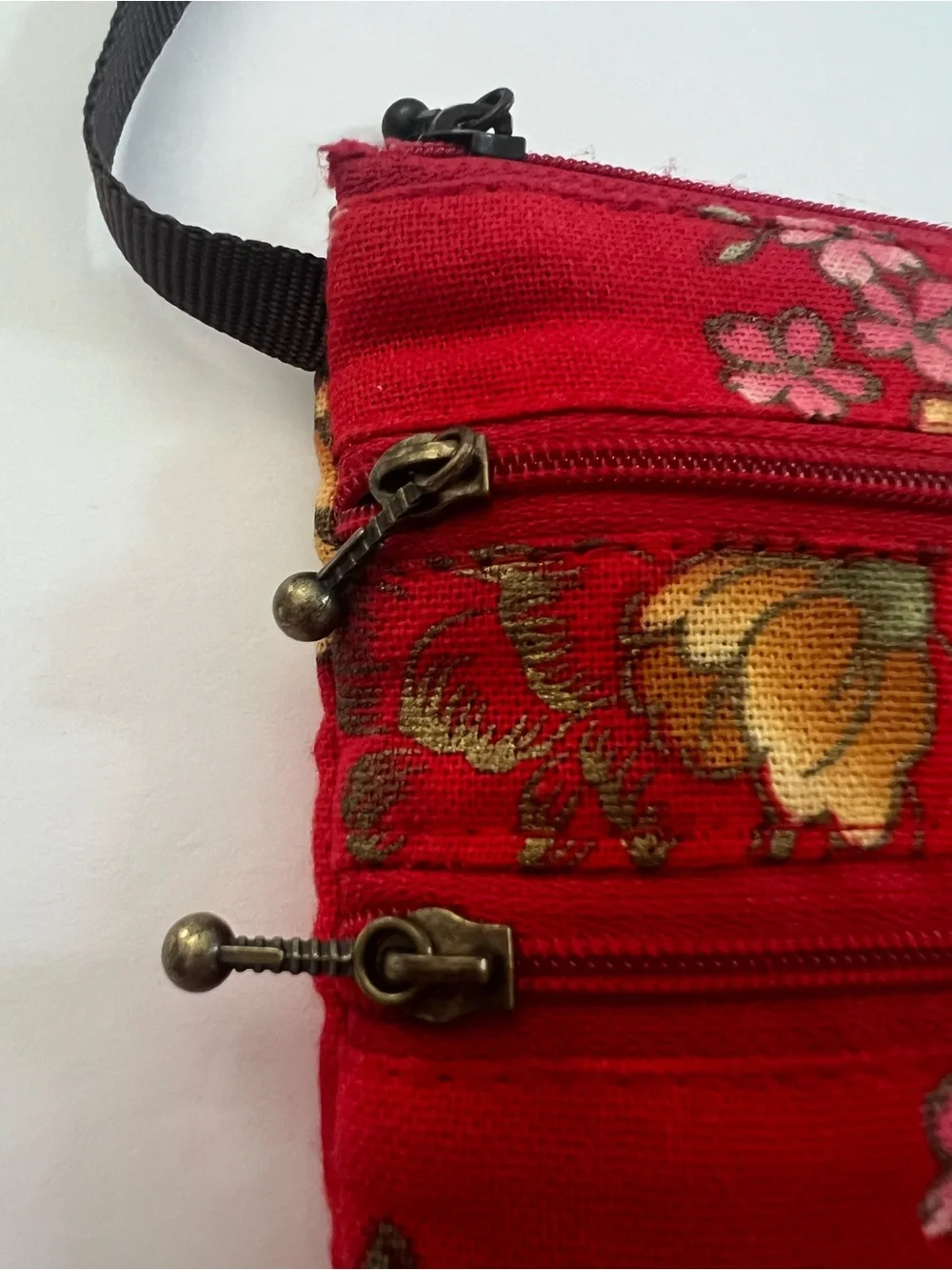 Asian Inspired Red Floral Crossbody with Brown Grosgrain Ribbon Strap